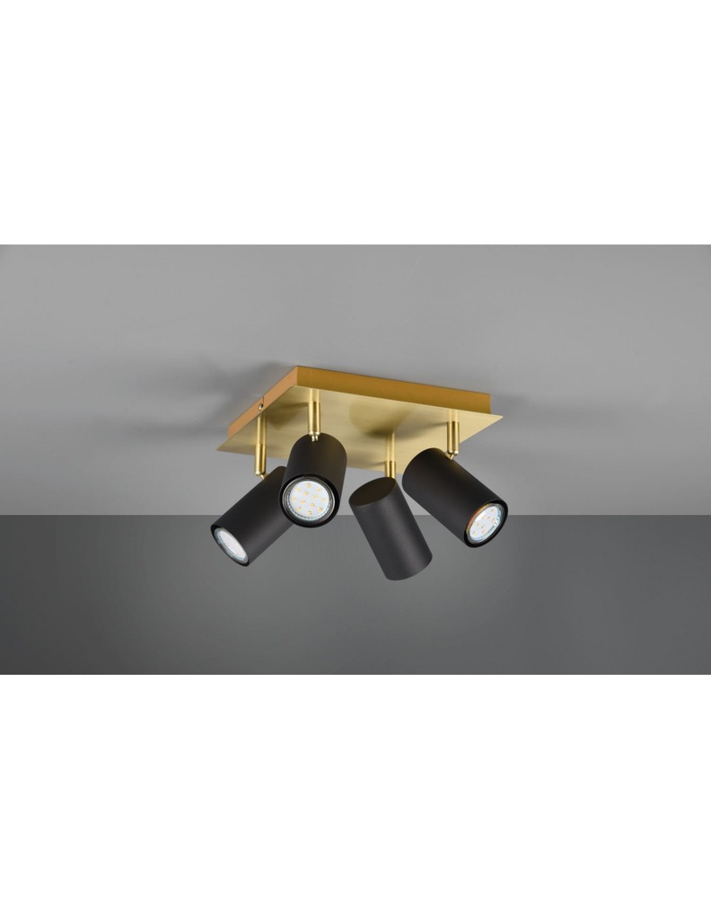 Faretto Marley Piastra Quadrata Oro 4 Spot Cilindrici Neri Orientabili Trio Lighting