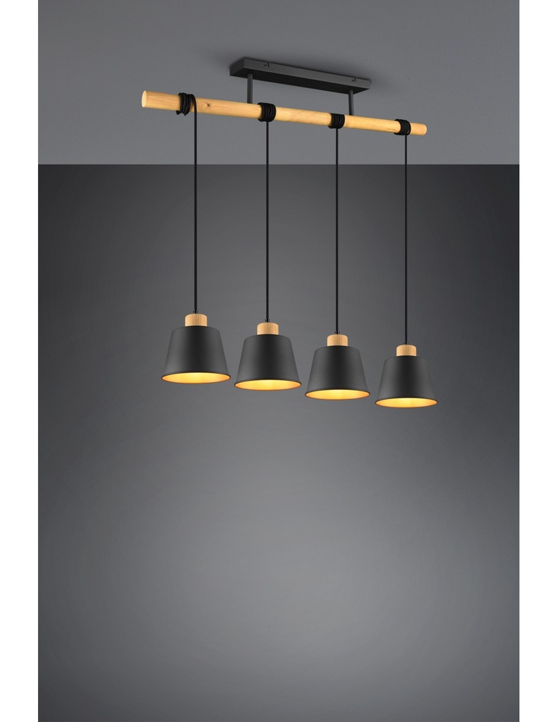 Lampadario Barra Legno 4 Paralumi Nero Oro Harris Trio Lighting