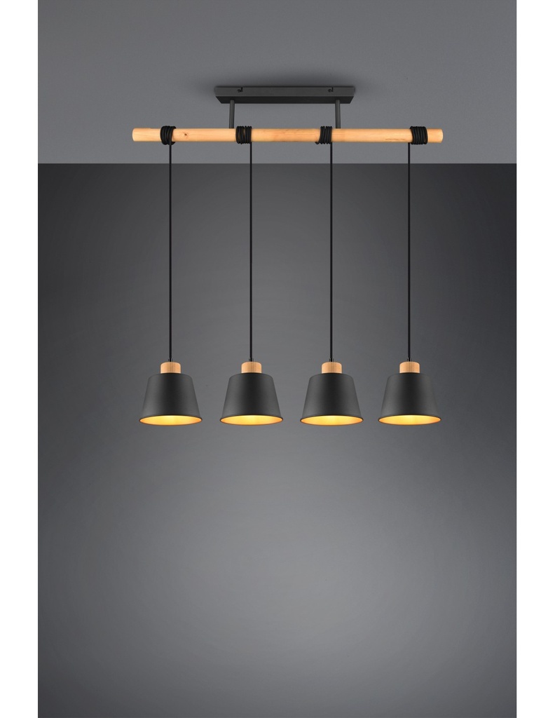 Lampadario Barra Legno 4 Paralumi Nero Oro Harris Trio Lighting