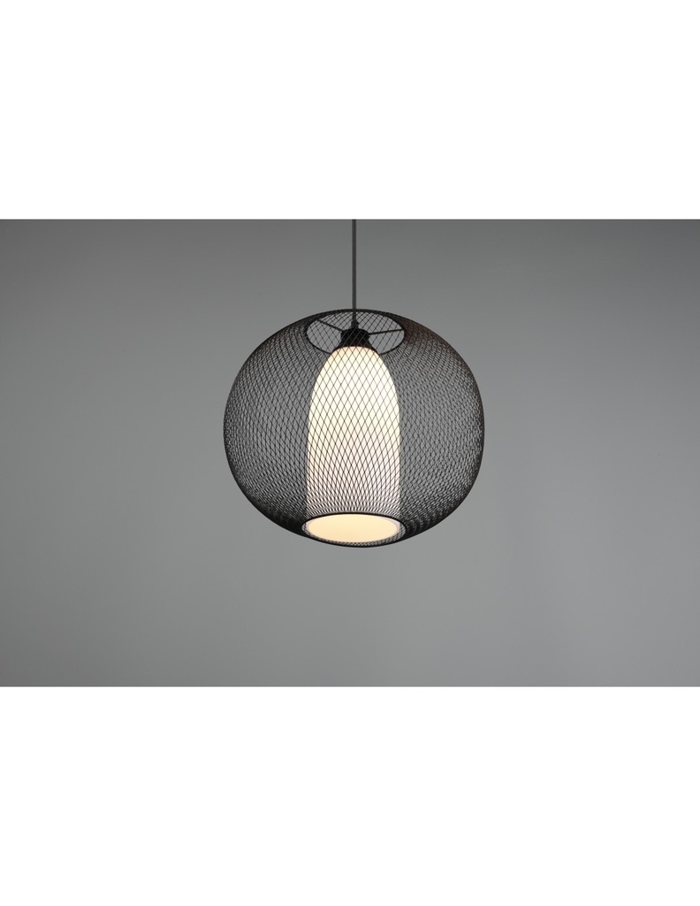 Lampadario Sospensione Diffusore Gabbia Tonda Metallica Nero Con Vetro Opale Filo Trio Lighting