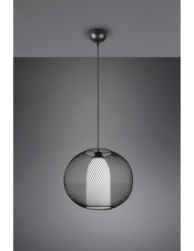 Lampadario Sospensione Diffusore Gabbia Tonda Metallica Nero Con Vetro Opale Filo Trio Lighting