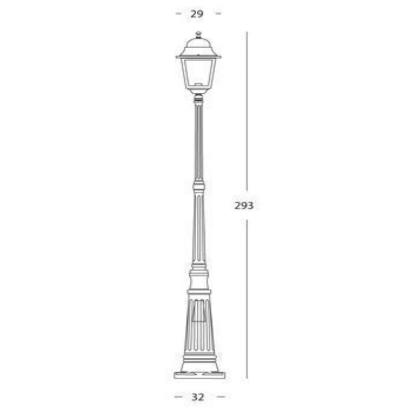 Lampione  in pressofusione di alluminio nero diffusori in vetro trasparente h. 293 cm