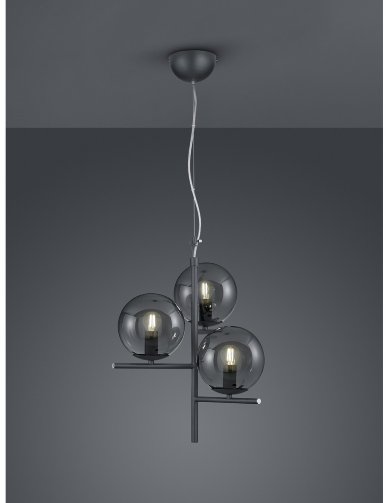 Sospensione 3Luci Sfere Vetro Fumé Antracite Ø40 cm Pure Trio Lighting