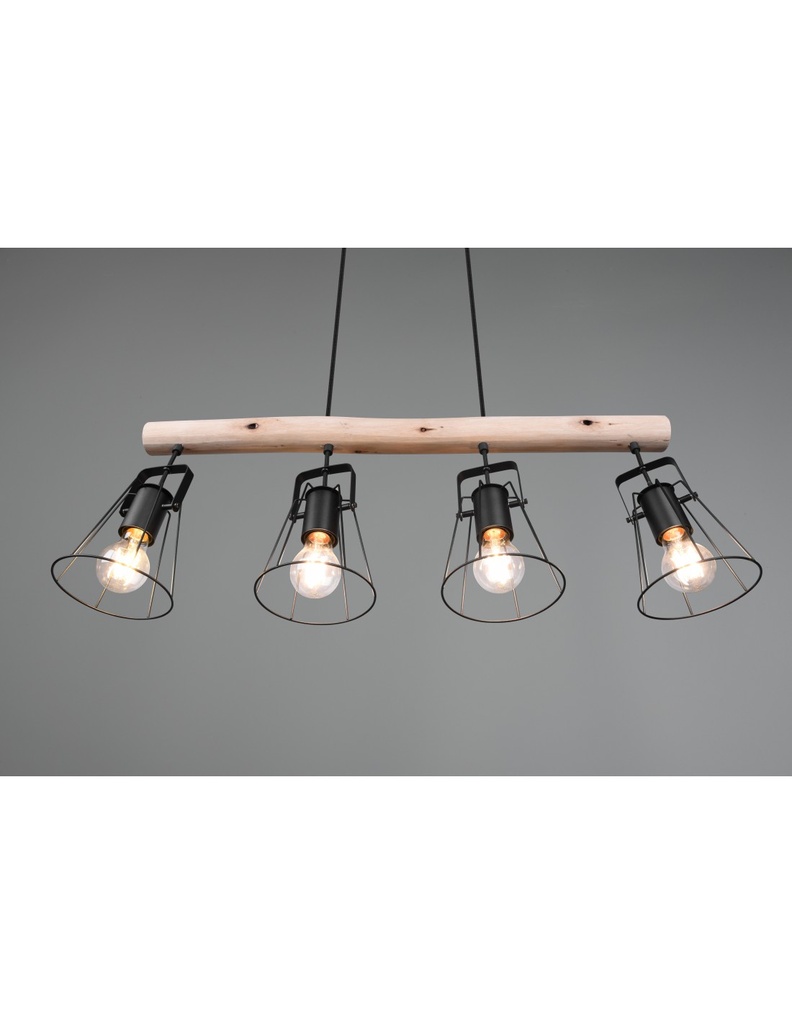 Sospensione Barra Legno 4 Luci Jaipur Industriale Vintage Nero E Legno Trio Lighting