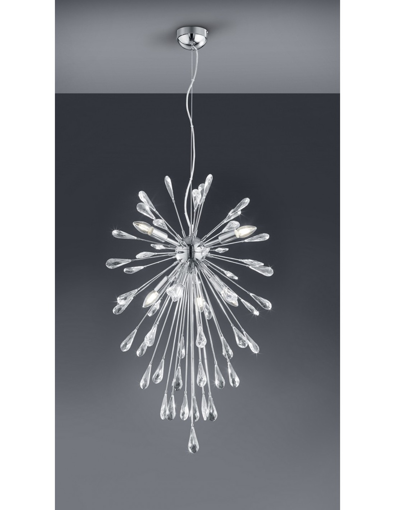 Sospensione Fuochi d'Artificio 7 Luci Minsk Cromo con Gocce Cristallo Trio Lighting