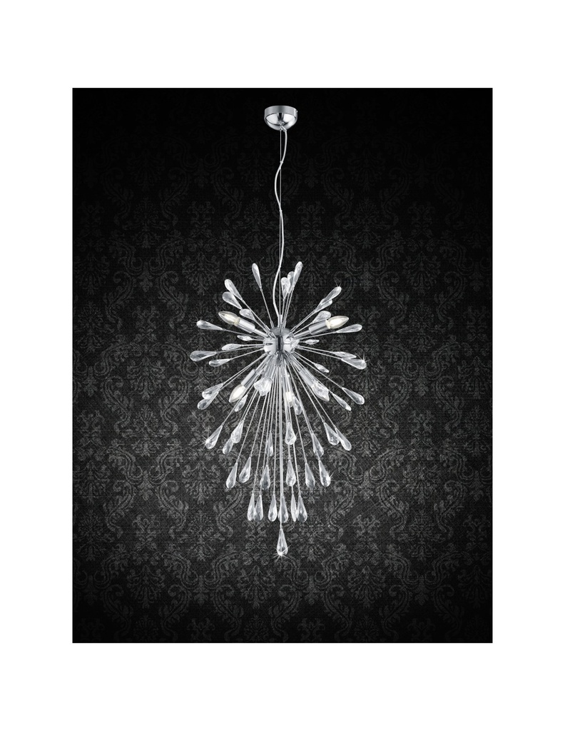 Sospensione Fuochi d'Artificio 7 Luci Minsk Cromo con Gocce Cristallo Trio Lighting