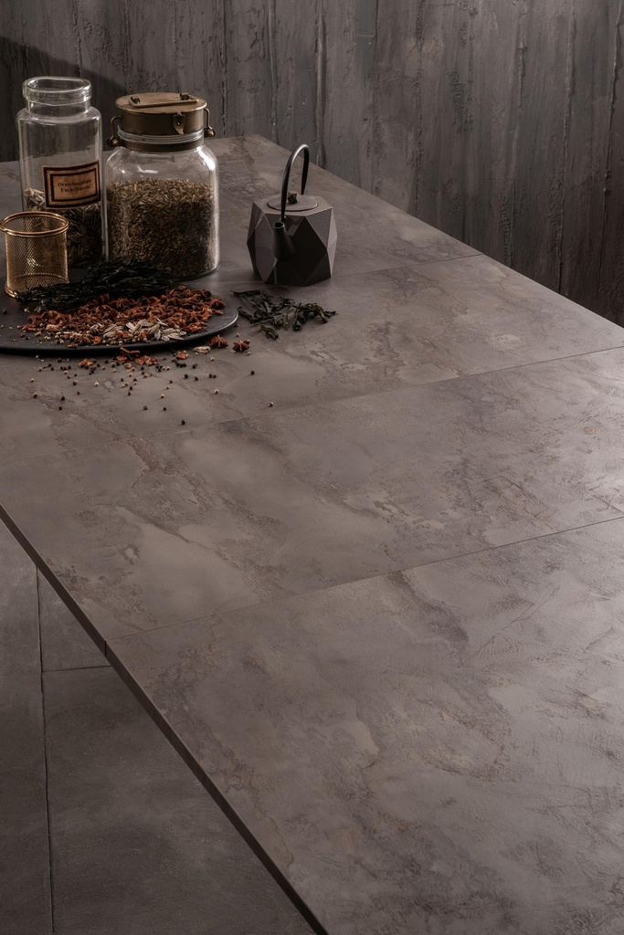 Tavolo allungabile cemento grigio- metallo nero 90 cm x 156- 316 cm H. 76 cm