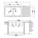 Lavello cucina due vasche con gocciolatoio dx acciaio da appoggio 50x120 cm(N127DX) EFFEZ