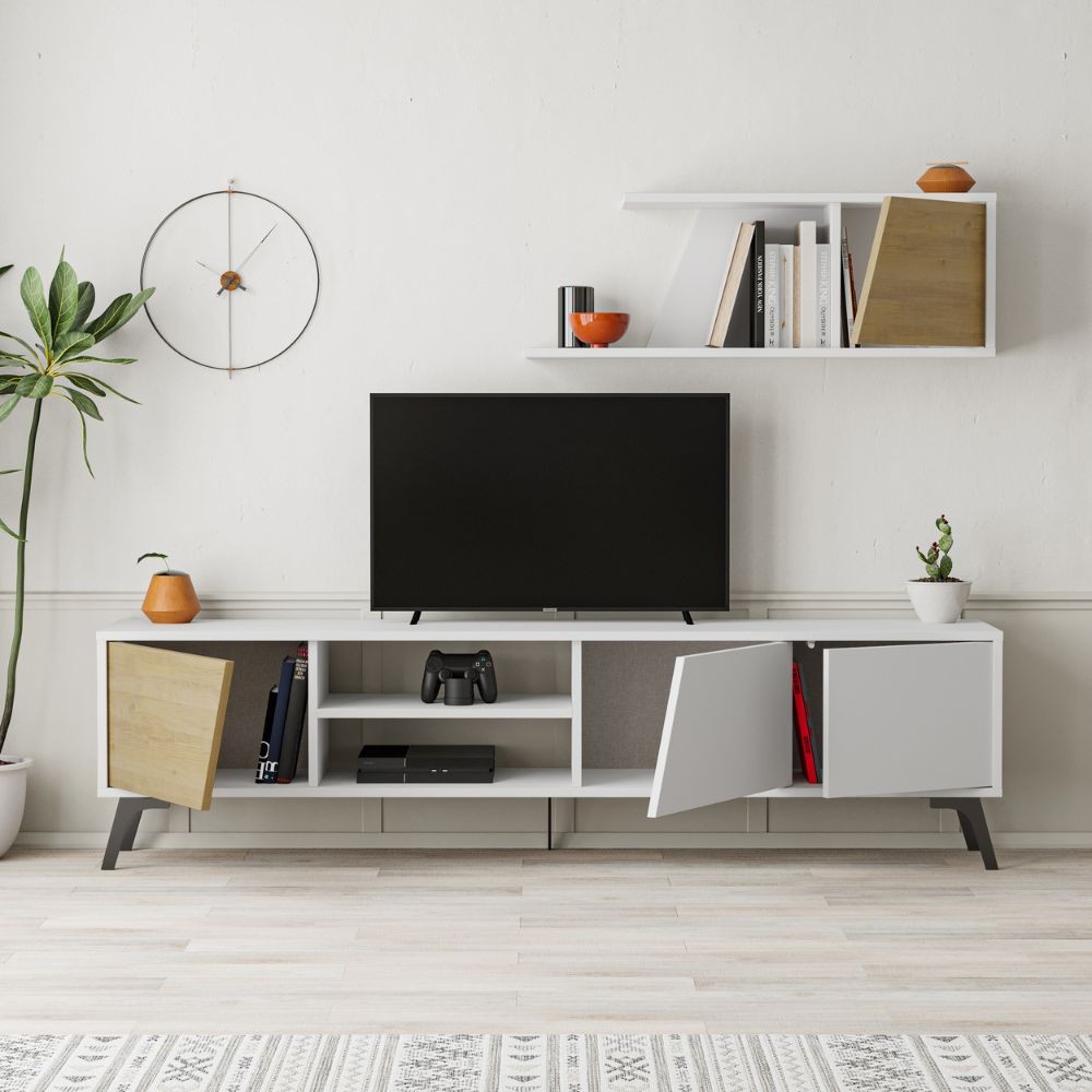 Porta TV Fiona Bianco con Anta Rovere e Mensola H 48 x P 35,60 x L 180 cm
