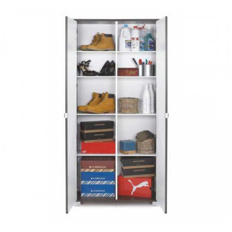 Armadio multiuso sottile con due ante a specchio e otto ripiani Olmo Chiaro 83x29x h190 cm