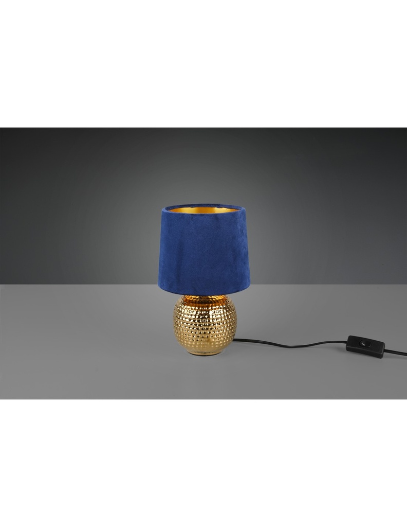 Lampada da Comodino in Ceramica Oro con Paralume in Velluto Blu