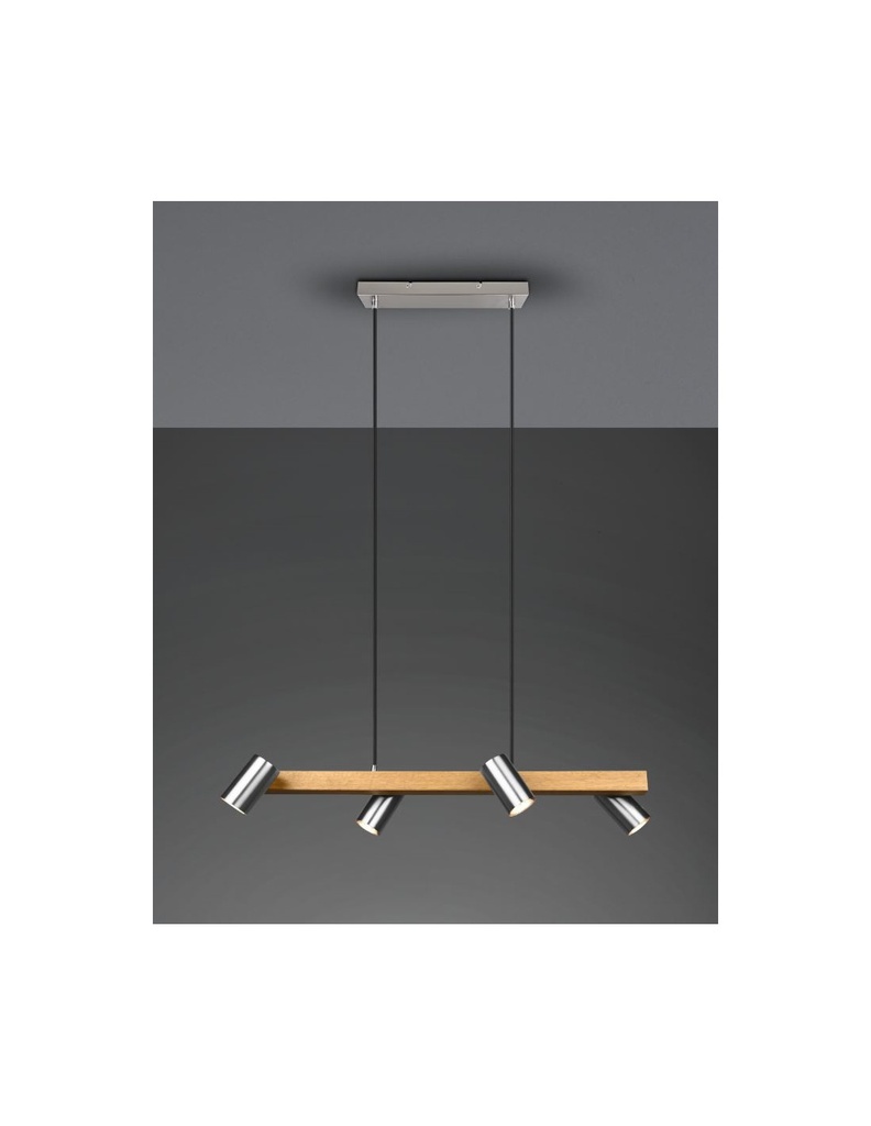 Lampadario Lineare Legno e Nichel 4 Spot Cilindrici Orientabili