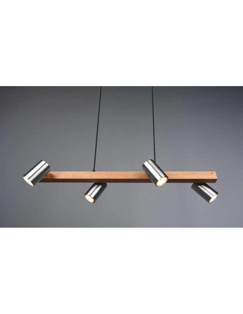 Lampadario Lineare Legno e Nichel 4 Spot Cilindrici Orientabili