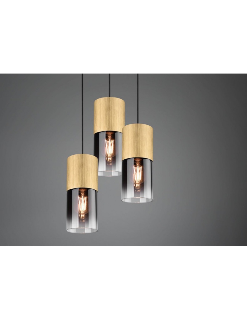 Lampadario a Sospensione 3 Luci Cilindro Ottone Vetro Fumé