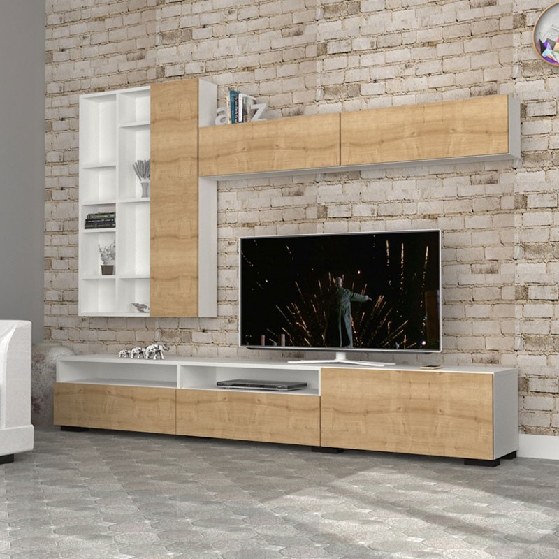 Parete Attrezzata Base 3 Ribalte Pensile 2 Ante Bianco Rovere 270x35xh.45 cm