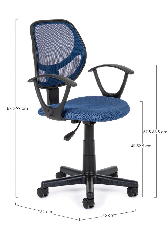 Sedia da ufficio blu con braccioli, base nylon ø53 cm, seduta imbottita in schiuma e rivestita in tessuto a rete, schienale rivestito in tessuto a rete, bracciolo in plastica (pp), altezza regolabile, da assemblare, 45x52x87,5/99h