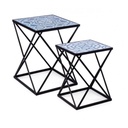 Set 2 tavolini in acciaio con piano in mdf decorato con stampa 55h 47h cm