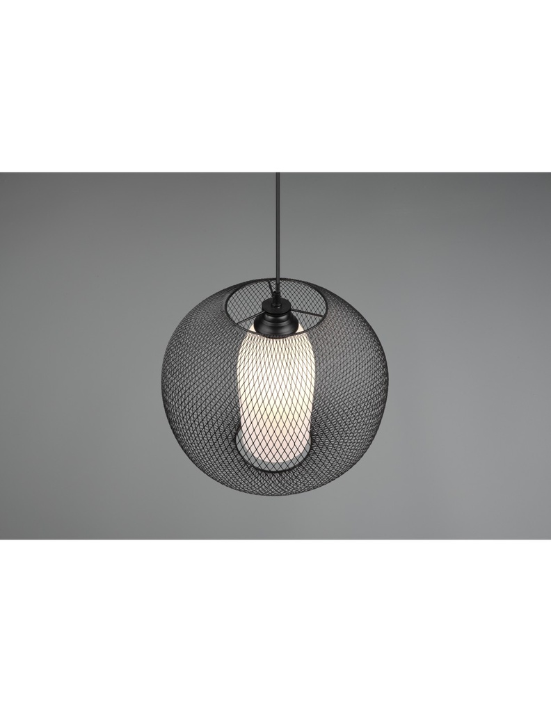 Lampadario Sospensione Diffusore Gabbia Tonda Metallica Nero Con Vetro Opale Filo Trio Lighting - Samnite