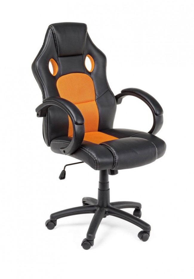 Poltrona ufficio con bracciali Racing nero-arancio in similpelle - Samnite