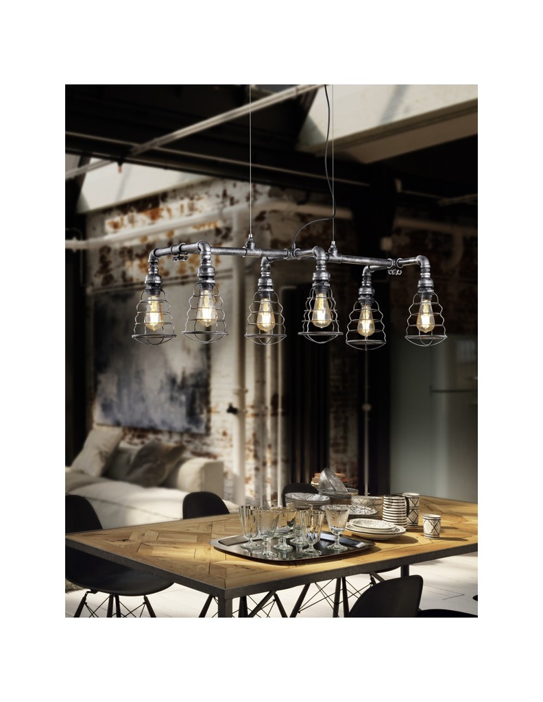 Sospensione 6xE27 Industrial Argento Anticato Gotham L102 cm Trio Lighting - Samnite