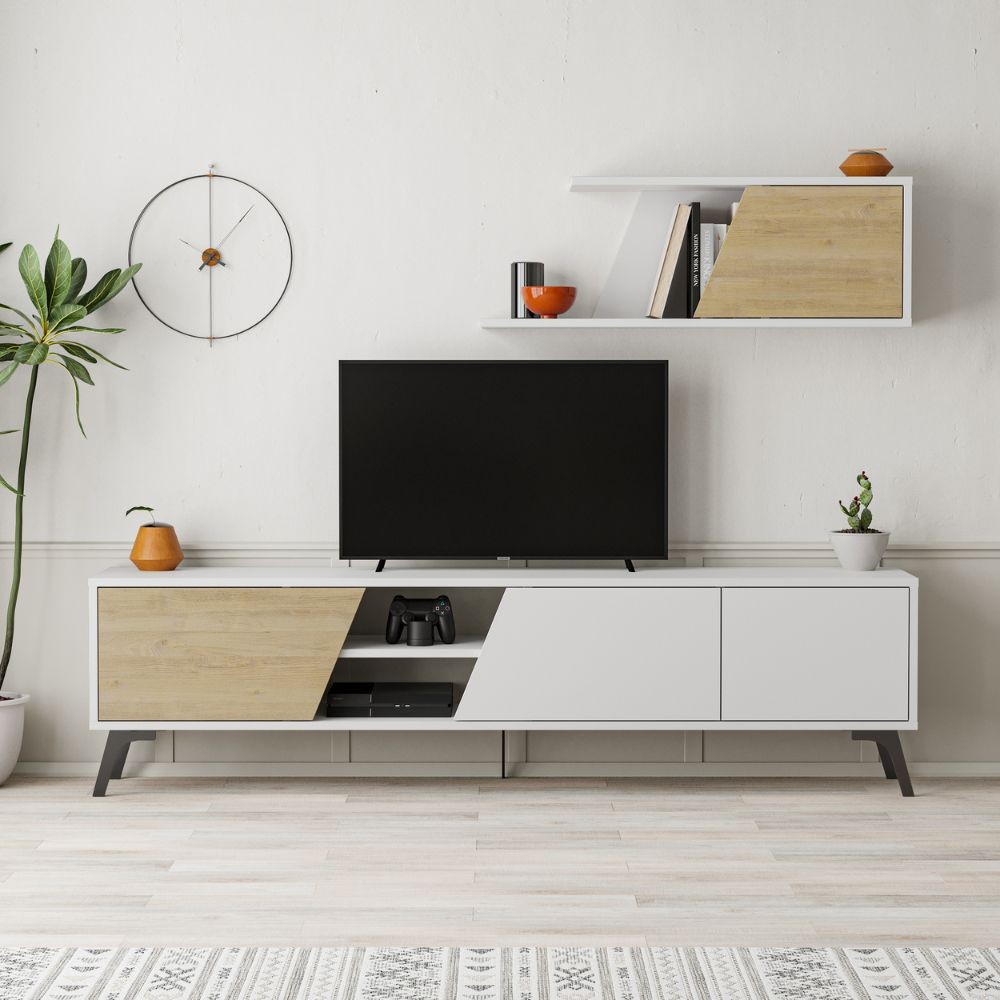 Porta TV Fiona Bianco con Anta Rovere e Mensola H 48 x P 35,60 x L 180 cm