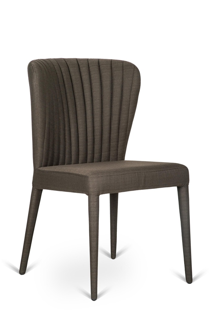 Set di 4 sedie in tessuto tortora e marrone, struttura in metallo, dimensioni 47x43x96h cm e 58x56x87h cm
