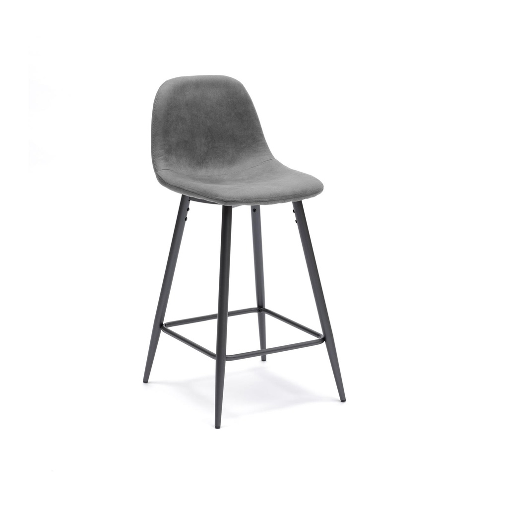 Set di 4 sedie in tessuto grigio, 60cm x 55cm x 79cm, e sgabello in similpelle grigio, 50cm x 43cm x 91cm