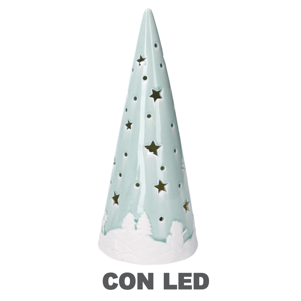 Albero ceramica disegno slitta con led verde acqua 12x26 cm