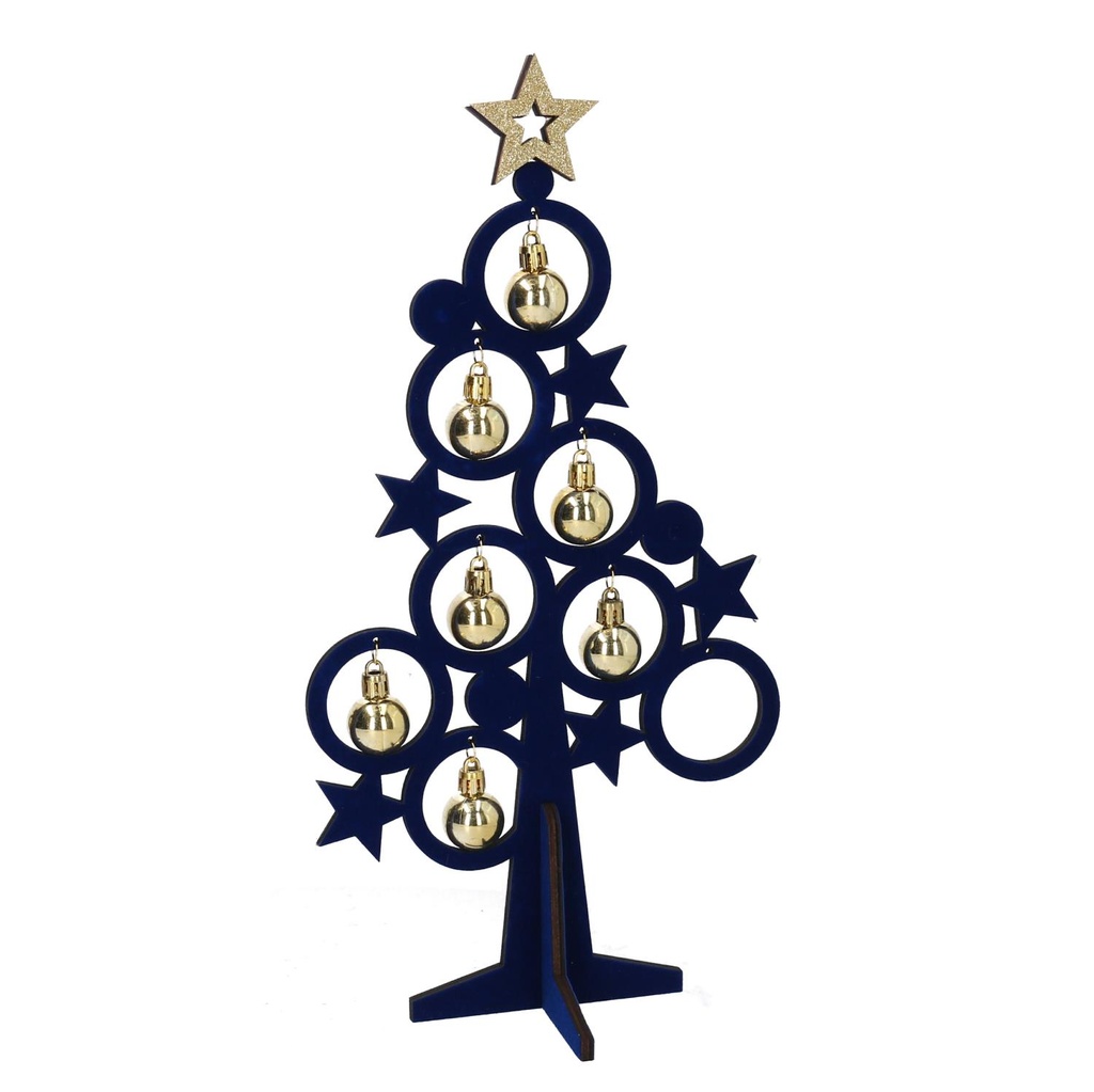 Albero legno blu con campanelli oro 26x15,5x53 cm