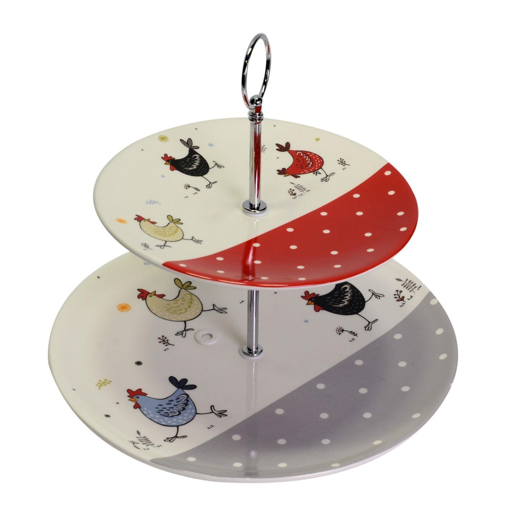 Alzata ceramica bianco 2 piani galline tondo 26x25 cm