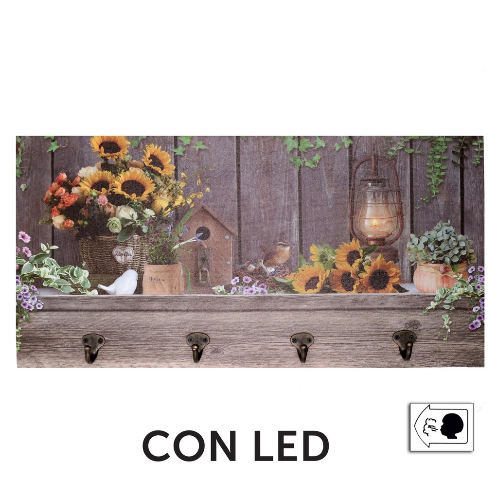 Appendino legno 4 posti con led girasoli 60x30x1,8 cm