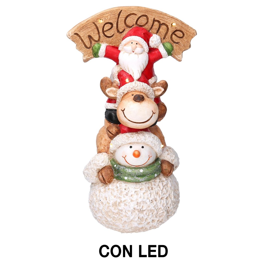Babbo Natale LED in Resina con Renna e Pupazzo - 27,5x20h48 cm