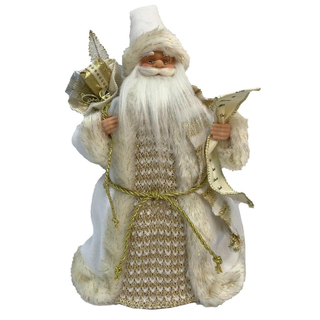 Puntale in tessuto Babbo Natale con regali bianco e oro 20x11h30 cm