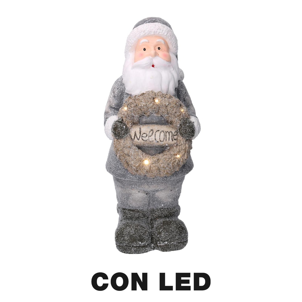 Babbo Natale Resina LED con Ghirlanda Grigio 21,5x19,5x51 cm