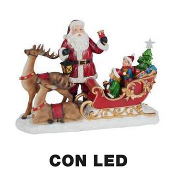 Babbo Natale in resina con renna e slitta rossa cm38,5x17,5h27 a LED