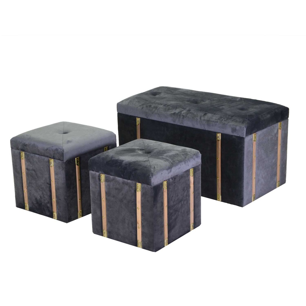 Baule con 2 puff in velluto grigio cm80x40h44