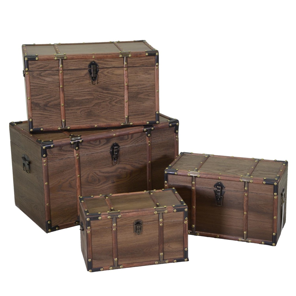 Set di 4 Bauli in Legno e Ecopelle Marrone