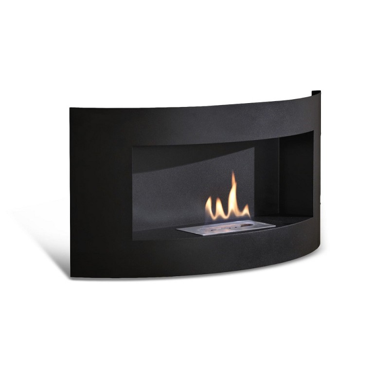 Biocamino da parete in bioetanolo, design moderno, 63 x 15.5 x 45 cm, struttura in metallo con vetro temperato