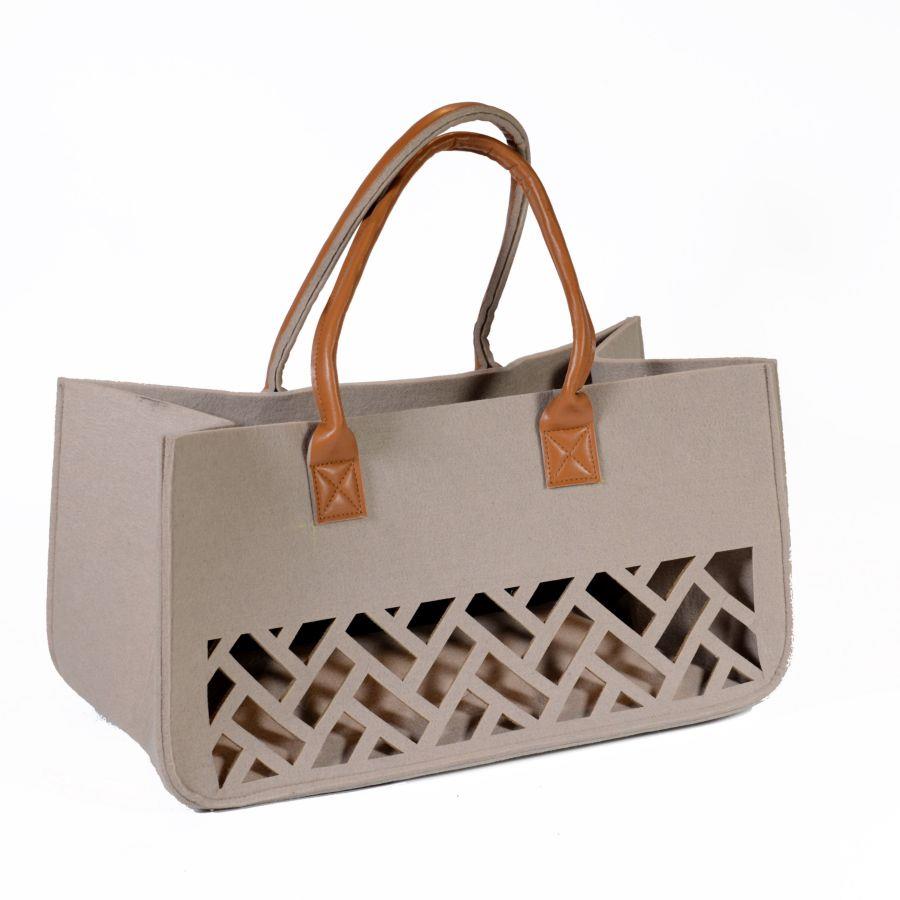 Borsa in feltro crema con manici noce traforato 40x20x26 cm