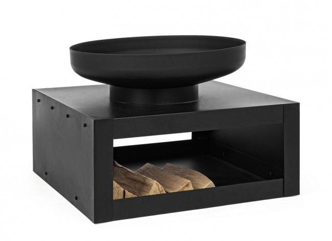 Braciere per arredo giardino con porta legna nero Efesto - 70x70x38 cm