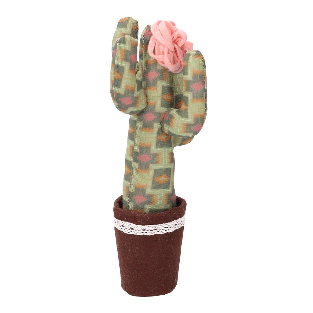 Cactus tessuto con fiore verde rosa tondo 11x11x27 cm