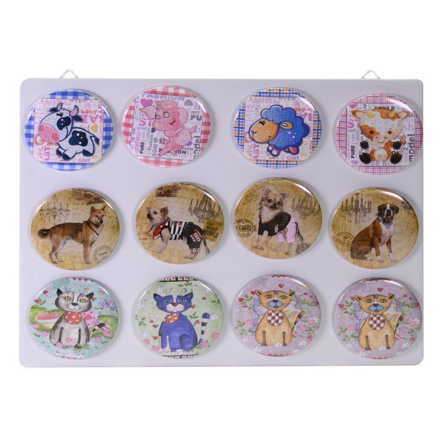 Set di 12 calamite in metallo con animali assortiti e display cmø7,3