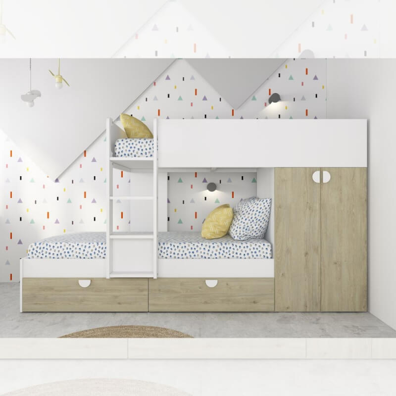 Cameretta con letto a castello con cassettoni e armadio colore rovere e bianco