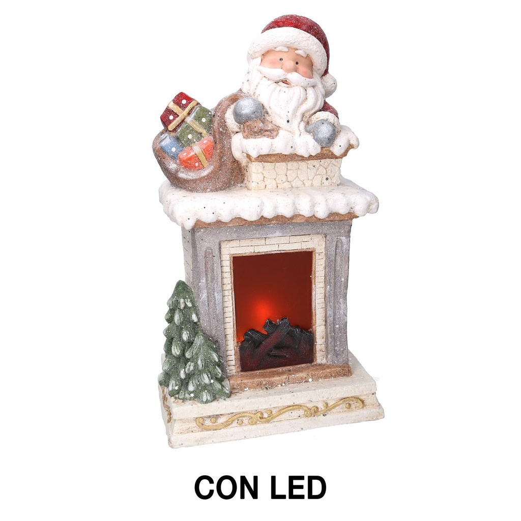 Camino LED in resina grigia con Babbo Natale - 31,5x23x56 cm