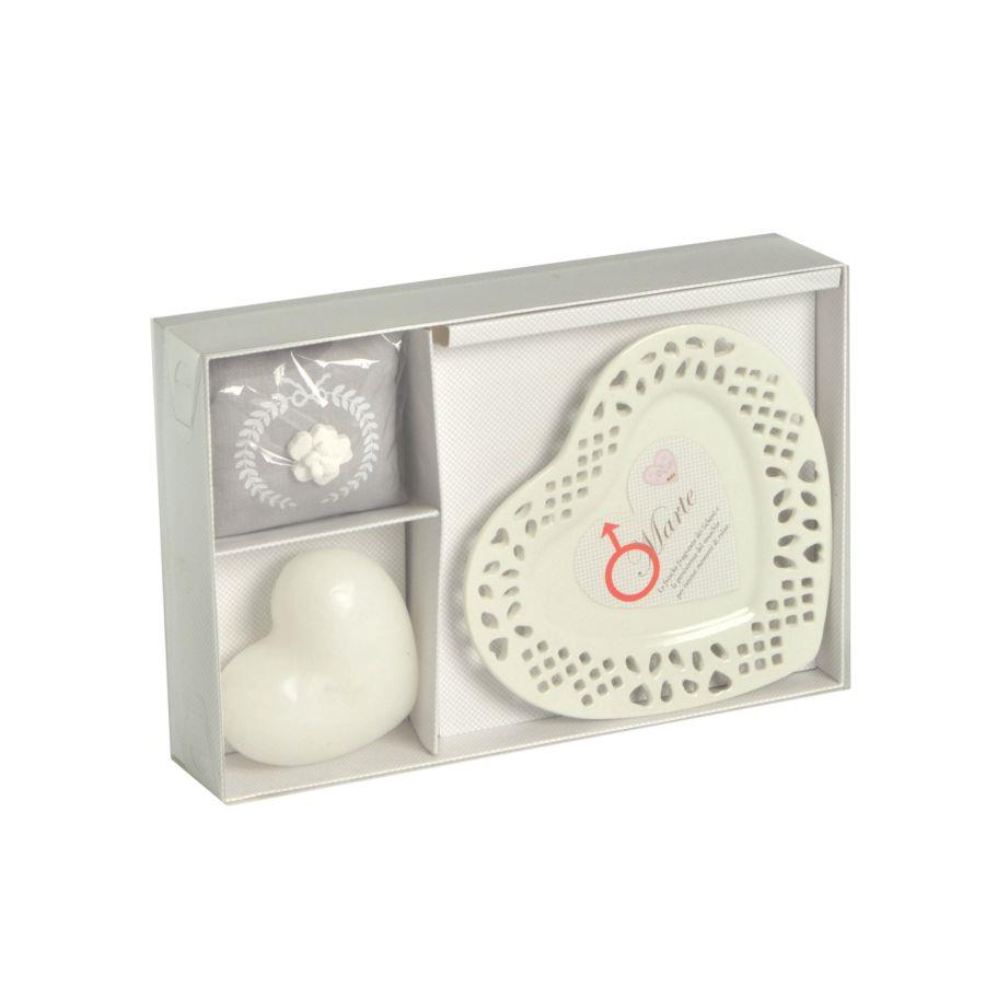 Candela con piattino a forma di cuore, licheni e muschio, 26x17x4,5 cm - 15 ore