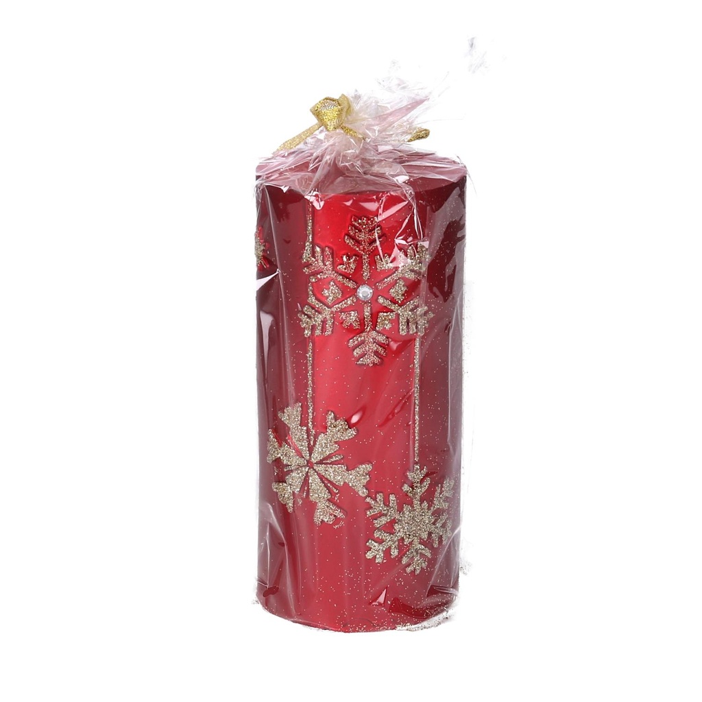 Candela Paraffina con Fiocchi di Neve Rosso Ø7x15 cm