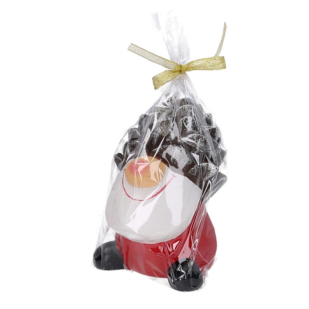Candela di paraffina a forma di pigna, decorata con un simpatico gnomo bianco, altezza 12,5 cm