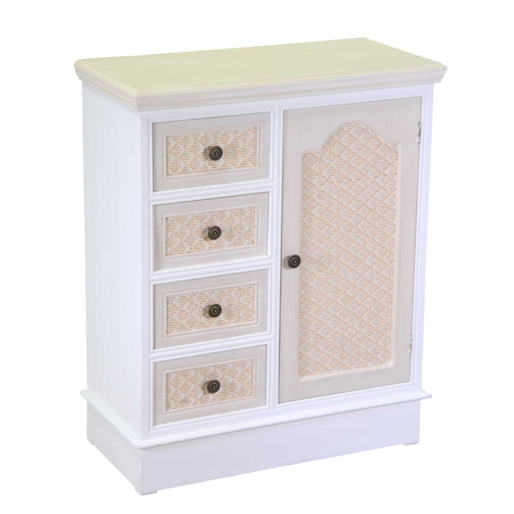 Cassettiera in legno con 1 anta e 4 cassetti crema 66x32x81 cm