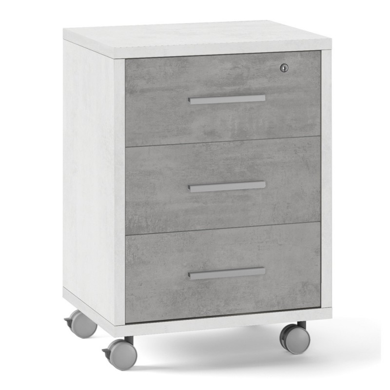 Cassettiera ufficio con ruote, tre cassetti, bianco cemento, 51x41x71 cm