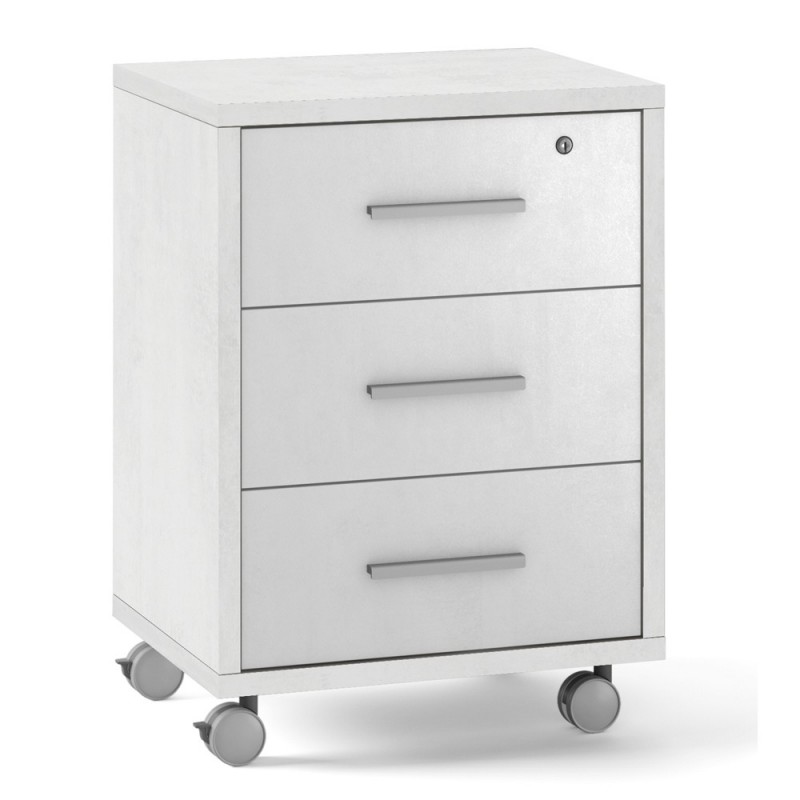 Cassettiera per ufficio con tre cassetti e ruote, Bianco Ossido, 51x41xh71 cm